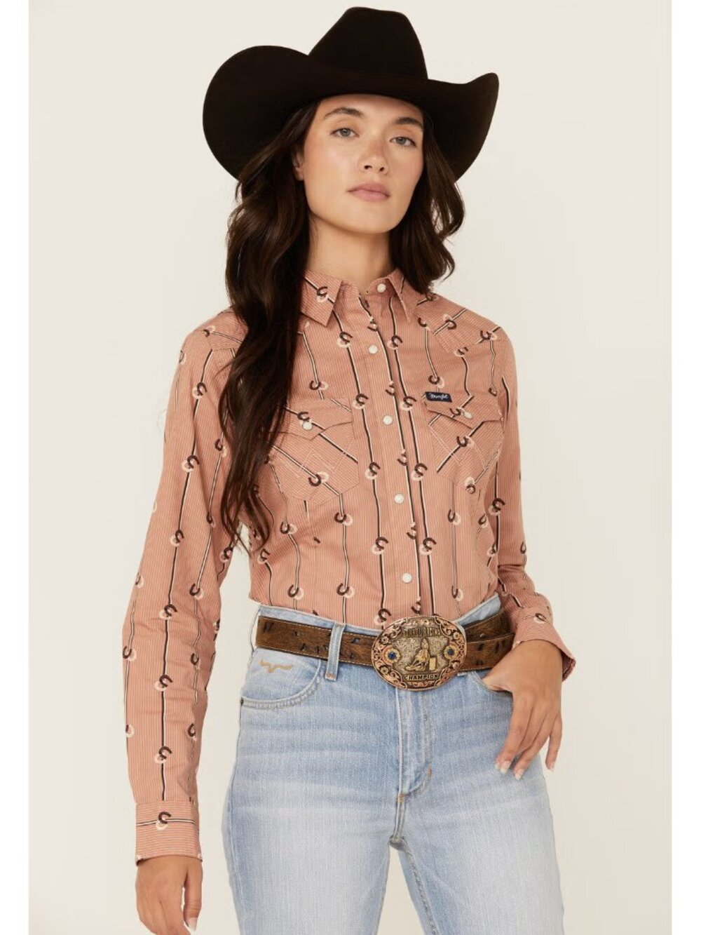 Wrangler Retro Pearl Snap Horseshoe Equestrian Print Long Sleeve Western Shirt M